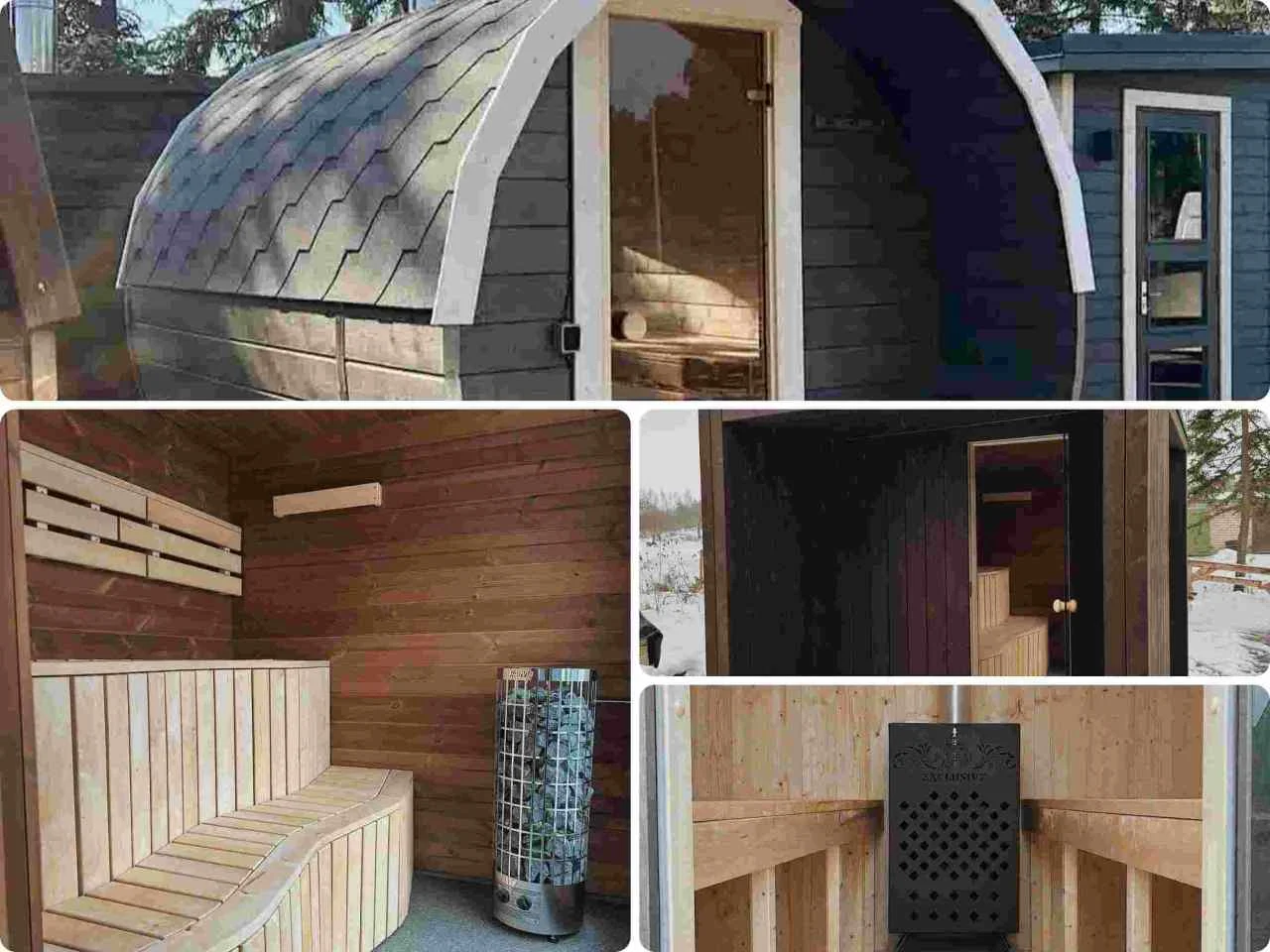 A collage showcasing Terra Sauna craftsmanship, including a barrel sauna exterior, modern timber seating, and a premium Harvia heater.